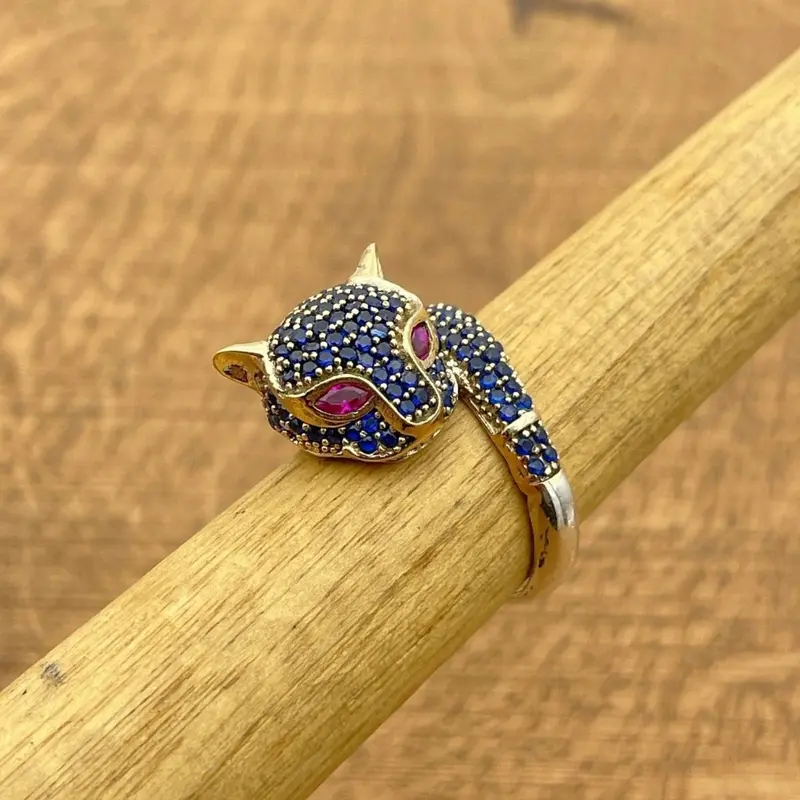 Exquisite Turkish Handmade Blue Sapphire Tiger Head Ring - 925 Sterling Silver Statement Animal Jewelry