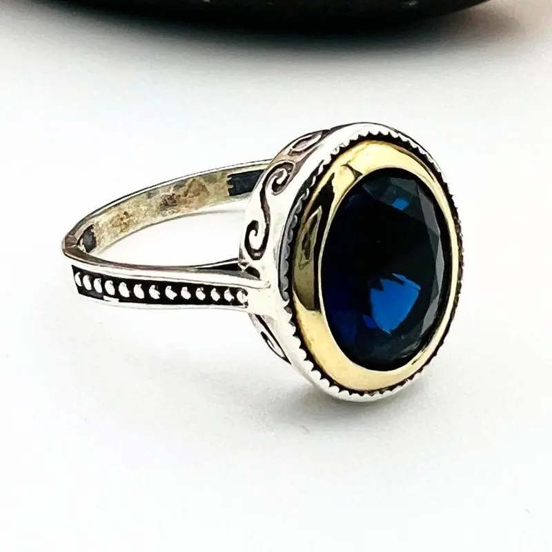 Handcrafted 925 Sterling Silver Blue Sapphire Oval Ring for Women | Elegant Unique Gift Jewelry