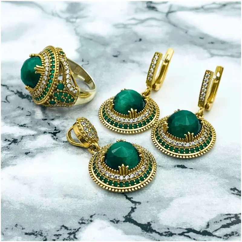 Handcrafted Ottoman Style Malachite 925 Sterling Silver Jewelry Set - Necklace, Ring, Earrings & Bracelet