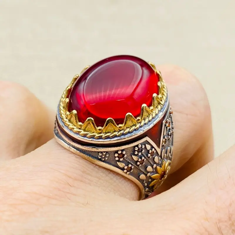 Handcrafted Turkish Sterling Silver Men's Red Agate Statement Ring - Timeless Design & Durable Comfort