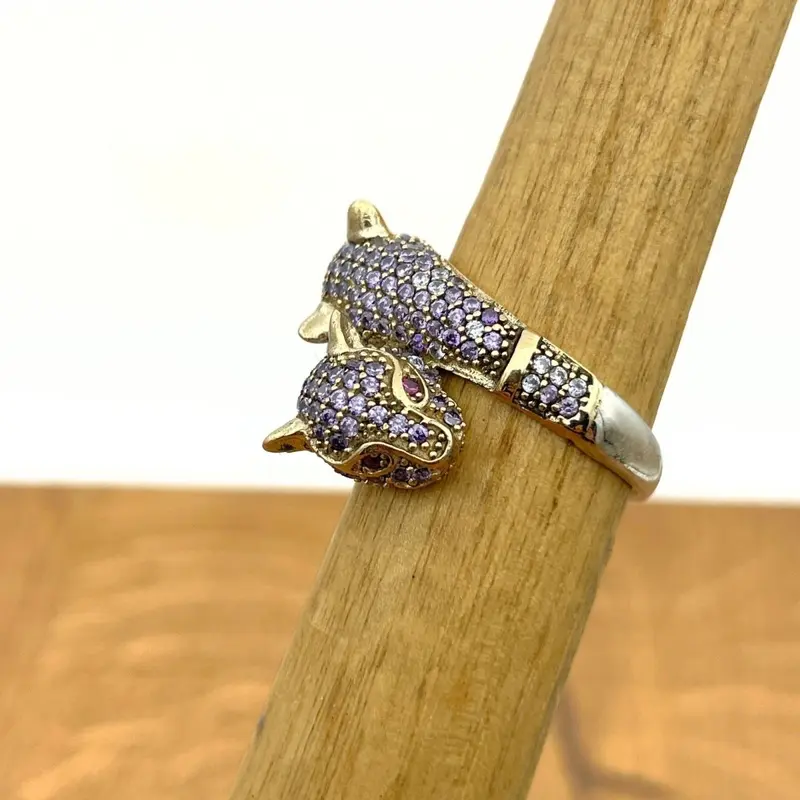 Handmade 925 Sterling Silver Amethyst Double Tiger Ring - Unique Turkish Animal Jewelry