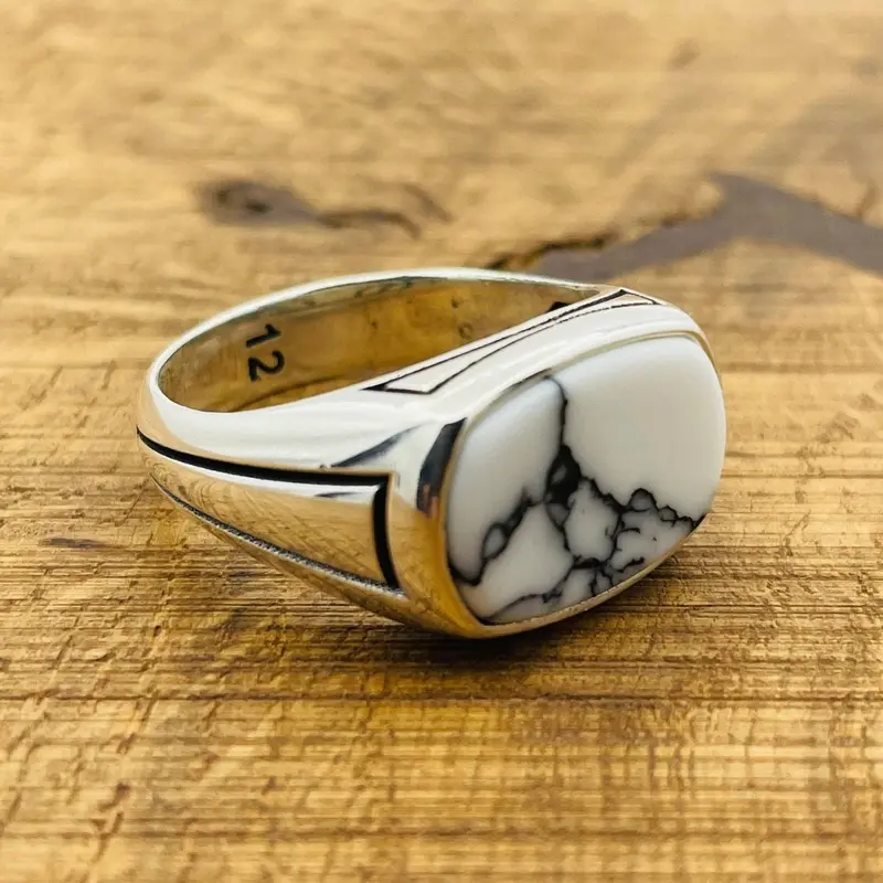 Men's Handcrafted 925 Sterling Silver White Turquoise Rectangle Ring - Unique Gift for Him