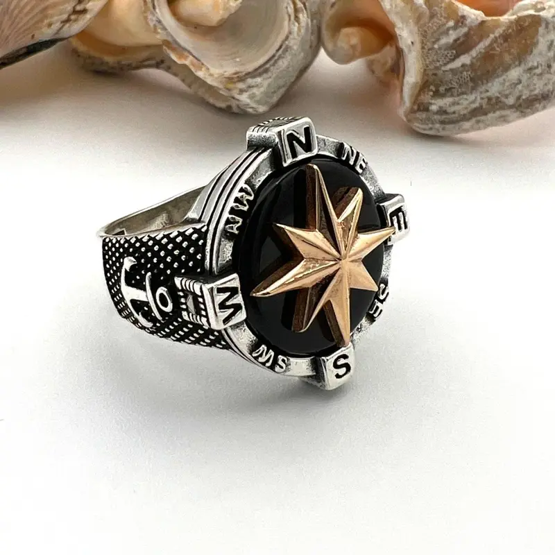 Men's Handmade 925 Sterling Silver Black Onyx Compass Anchor Ring - Turkish Artisan Nautical Jewelry