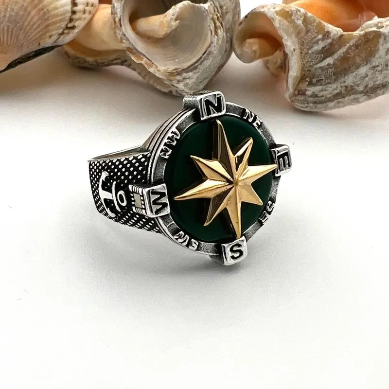 Men's Handmade Green Agate 925 Sterling Silver Compass Anchor Ring - Unique Artisan Gift