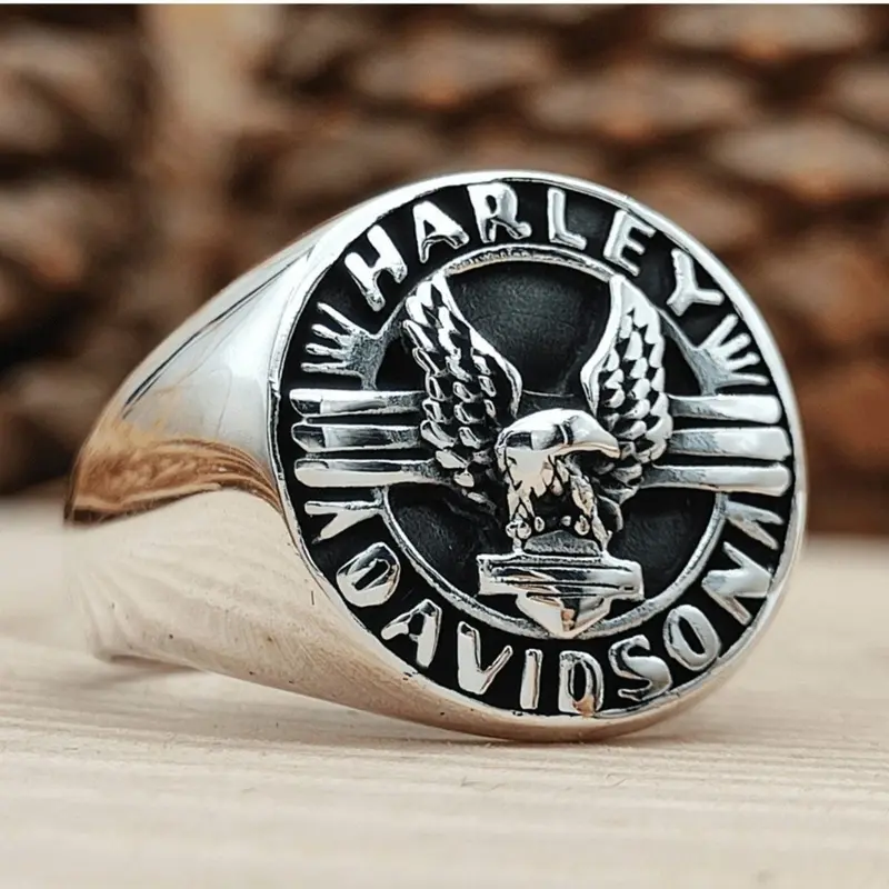 Men's Harley Davidson Motorcycle Signet Ring - Solid 925 Sterling Silver