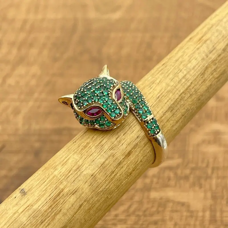 Turkish Handmade 925 Sterling Silver Emerald Tiger Head Ring - Artisan Statement Jewelry Gift
