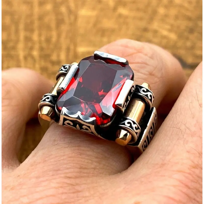 Turkish Handmade Men's Red Ruby Ring | 925 Sterling Silver Gemstone Gift for Him