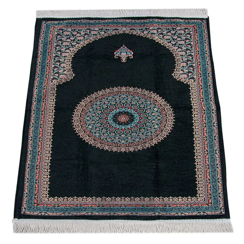 Black Traditional Motif Knitted Fringed Mihrab Lined Chenille Prayer Rug