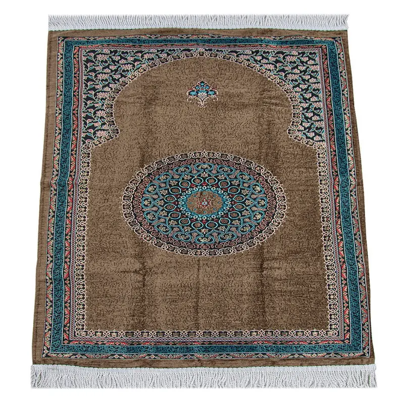 Brown Traditional Motif Knitted Fringed Mihrab Lined Chenille Prayer Rug