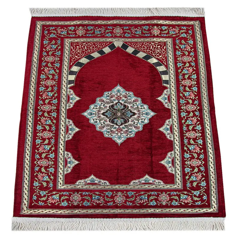 Claret Red Flower Motifed Mihrab Lined Chenille Prayer Rug