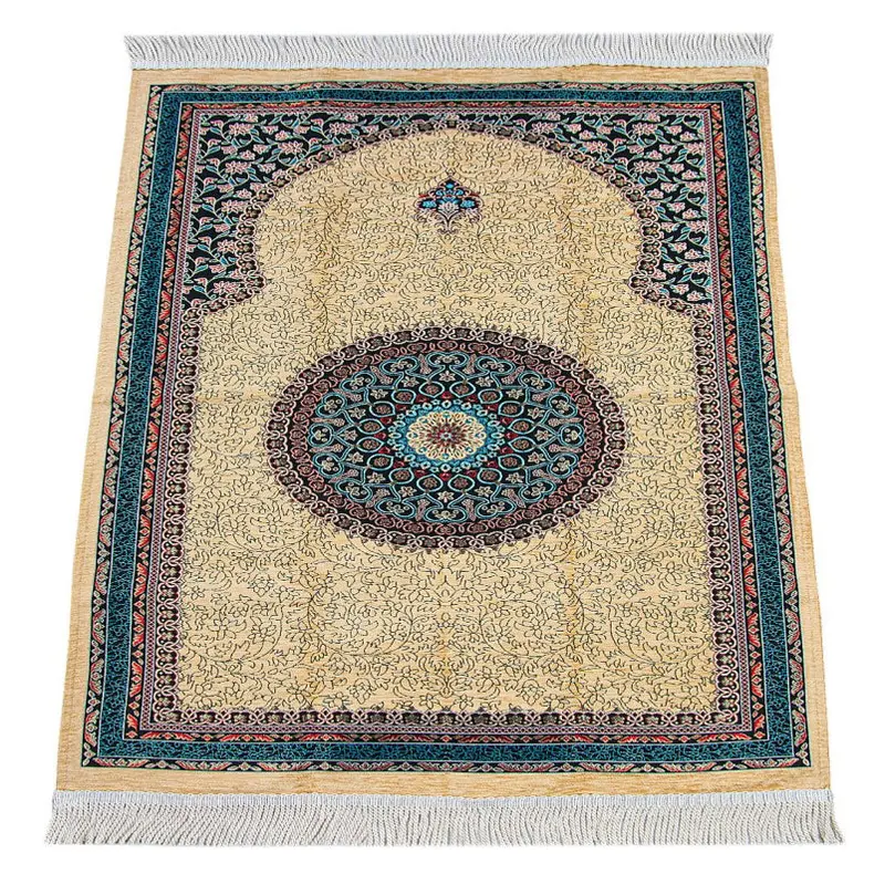Cream Traditional Motif Knitted Fringed Mihrab Lined Chenille Prayer Rug