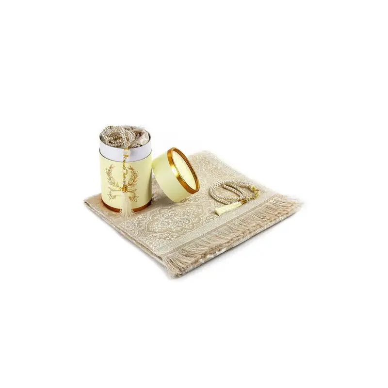 Cylender Boxed Prayer Rug and Pearl Tasbih Gift Set, Cream Color