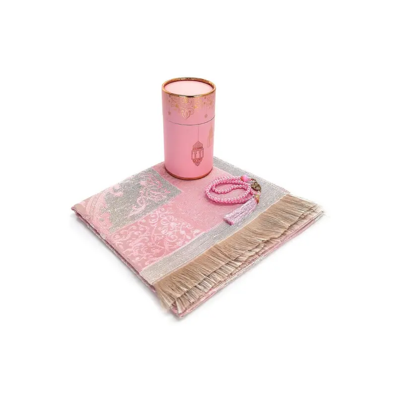 Cylender Boxed Prayer Rug and Pearl Tasbih Gift Set, Pink