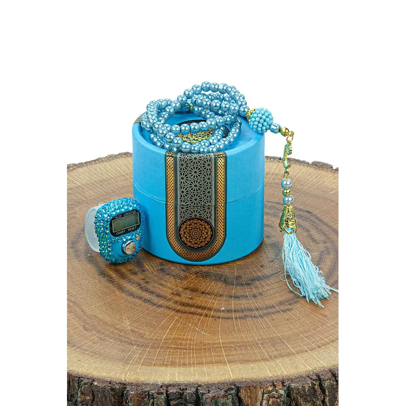 Cylinder Boxed Pearl Tasbih and Stone Designed Dhikrmatic Gift Set Blue