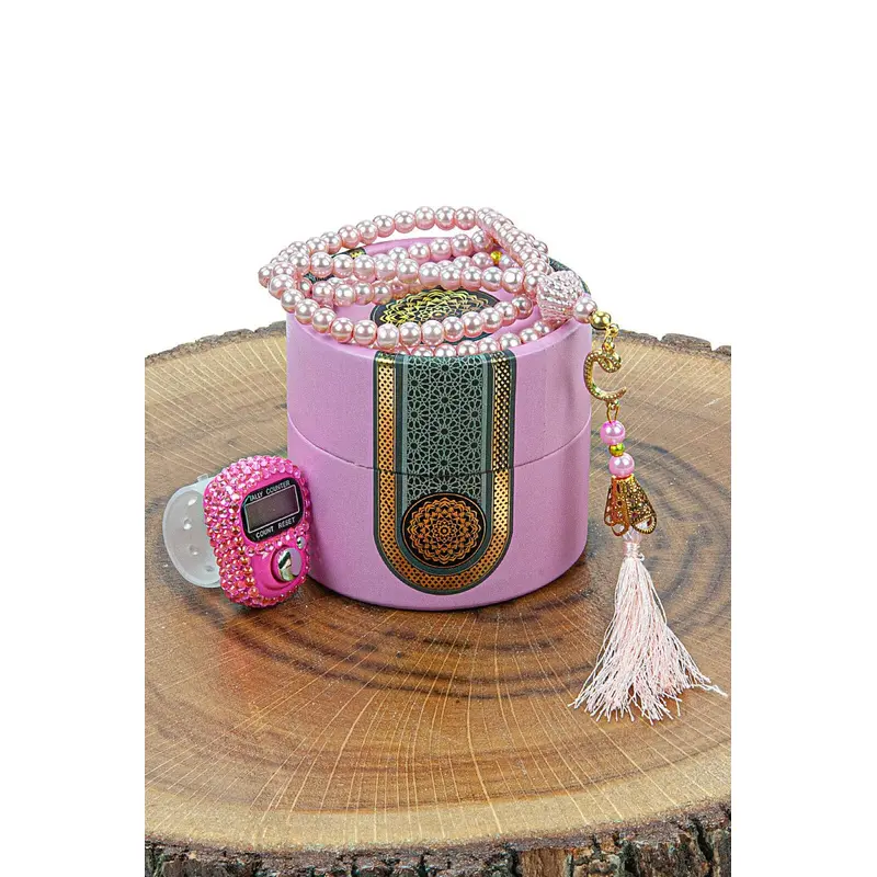 Cylinder Boxed Pearl Tasbih and Stone Designed Dhikrmatic Gift Set Pink