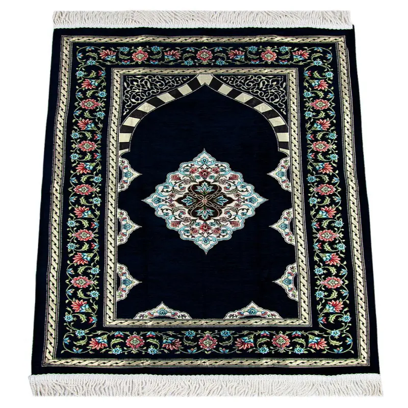 Dark Navy Blue Floral Motifed Lined Chenille Prayer Rug with MihrabDark Navy Blue Flower Motifed Lined Chenille Prayer Rug with Mihrab