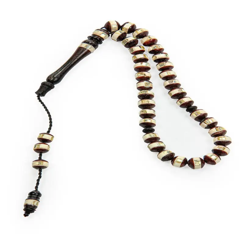 Brown and White Embroidered Kuka Wood Tasbih with 33 Beads