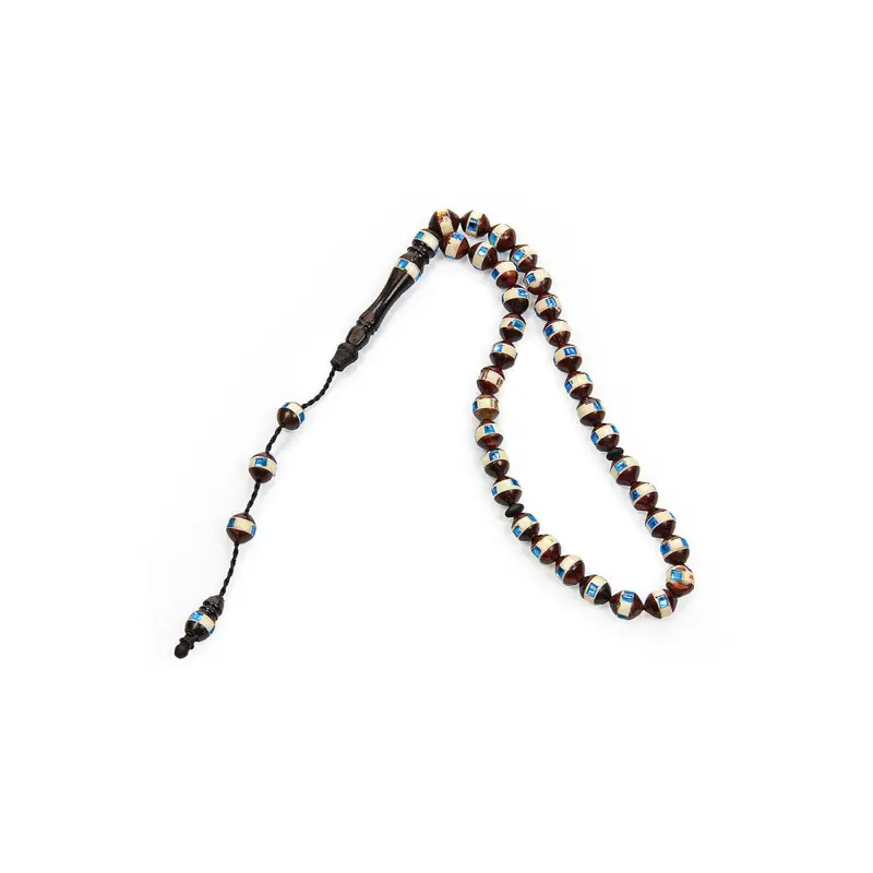 Brown Blue Embroidered 33 Beaded Kuka Wood Tasbih