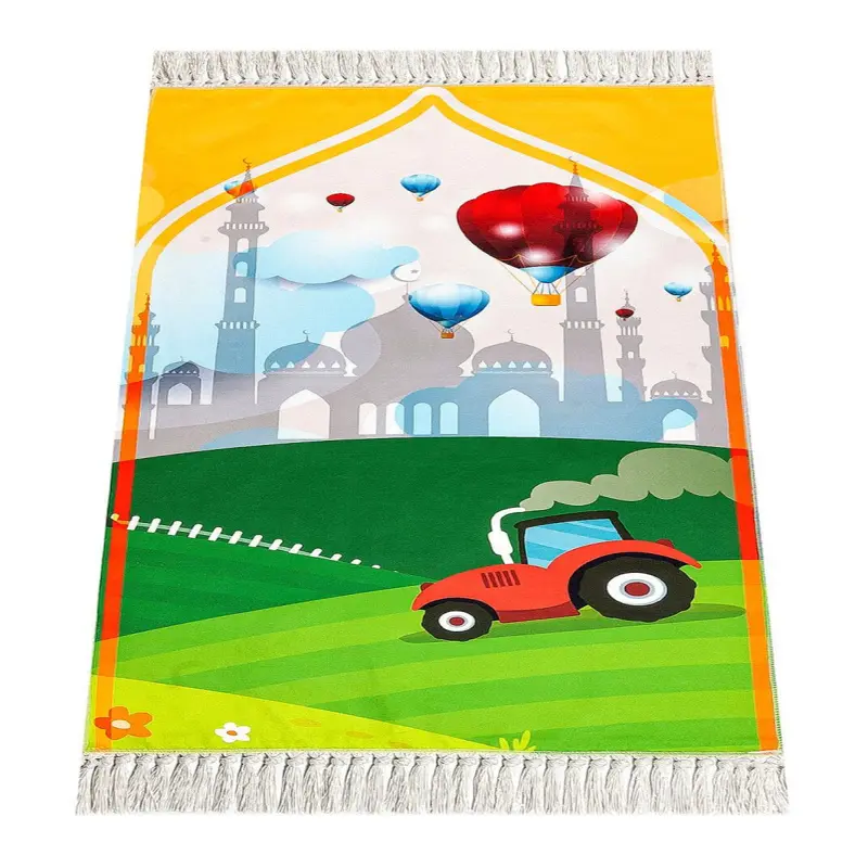 Digital Printed Children's Prayer Rug - with Baloon, Tractor and Mosque