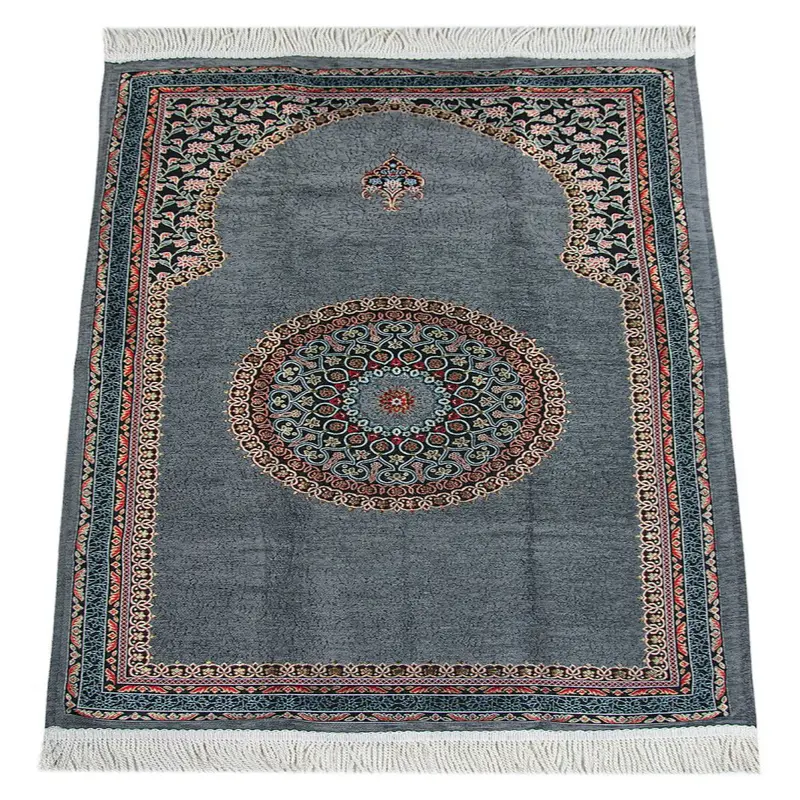 Gray Traditional Motif Knitted Fringed Mihrab Lined Chenille Prayer Rug