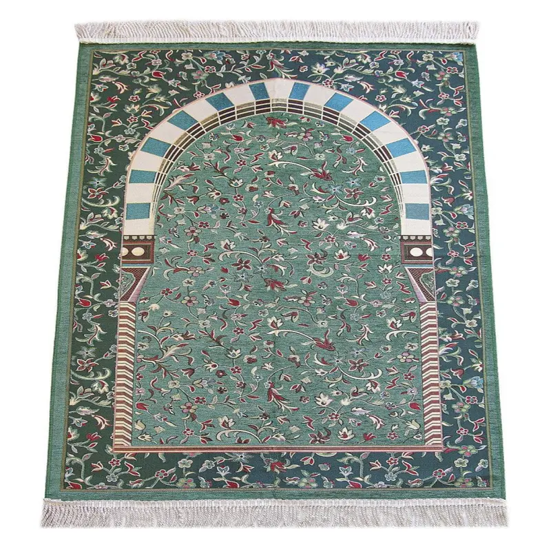 Green Rawza Flower Motif Chenille Prayer Rug with Mihrab