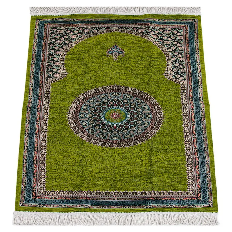 Green Traditional Motif Knitted Fringed Mihrab Lined Chenille Prayer Rug