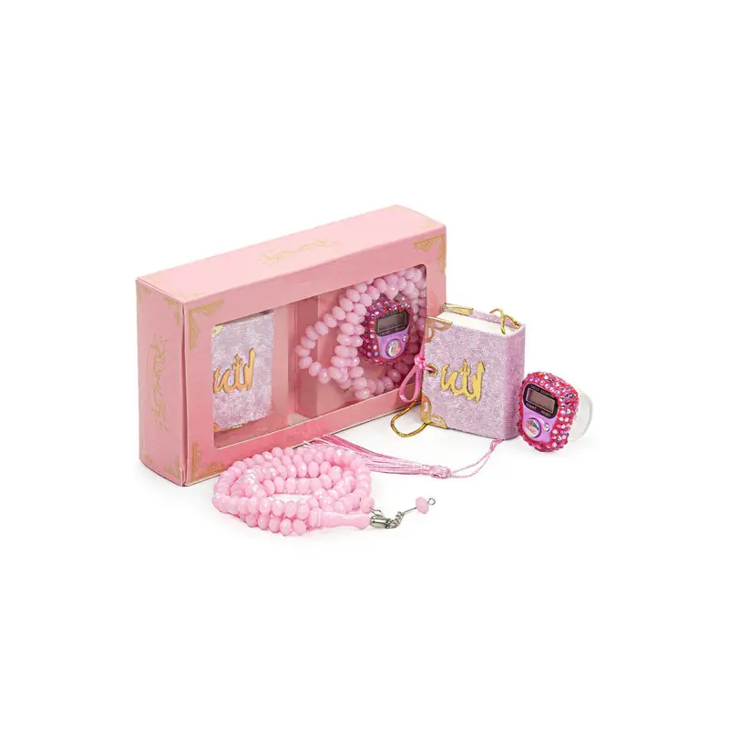 Hajj Umrah Gift Set with Mini Quran, Crystal Stone Prayer Bead and Stone Designed Dhikrmatic, Pink Color