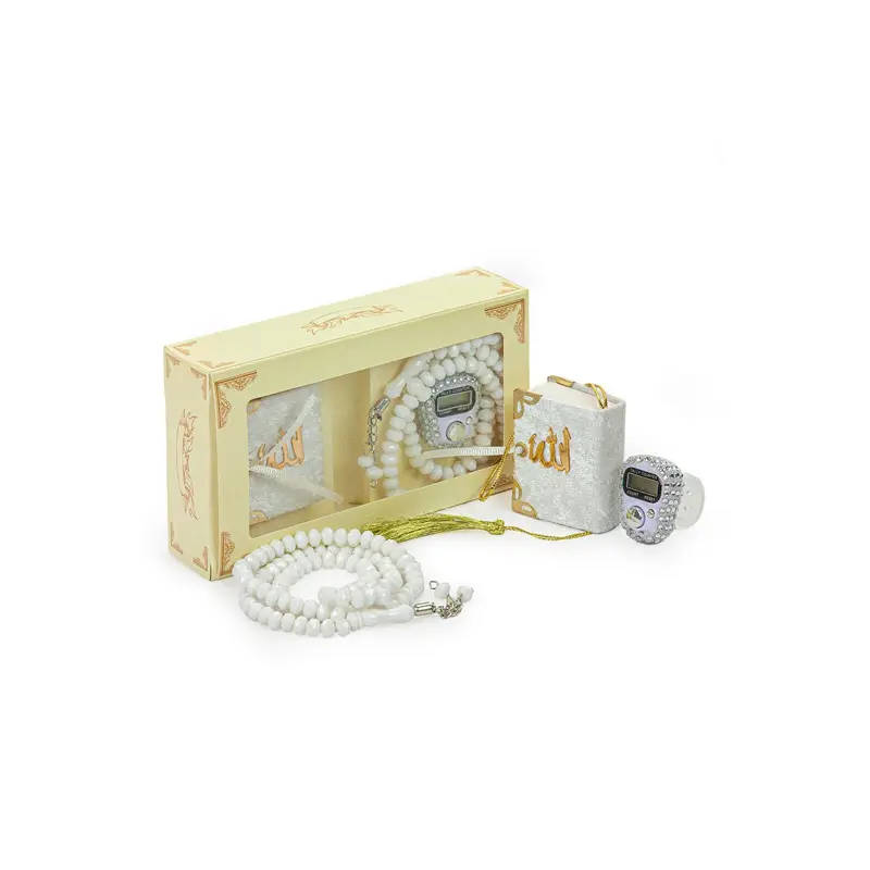 Hajj Umrah Gift Set with Mini Quran, Crystal Stone Prayer Bead and Stone Designed Dhikrmatic, White Color