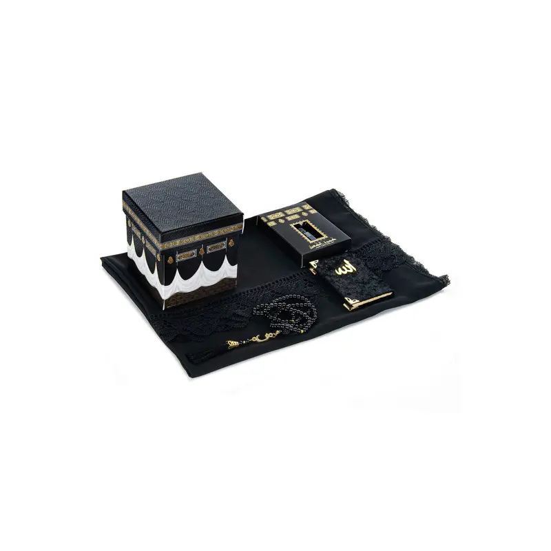 Kaaba Patterned Gift Set with Special Box - Lace Scarf - Essence - Pearl Tasbih - Velvet Covered Yasin - Black