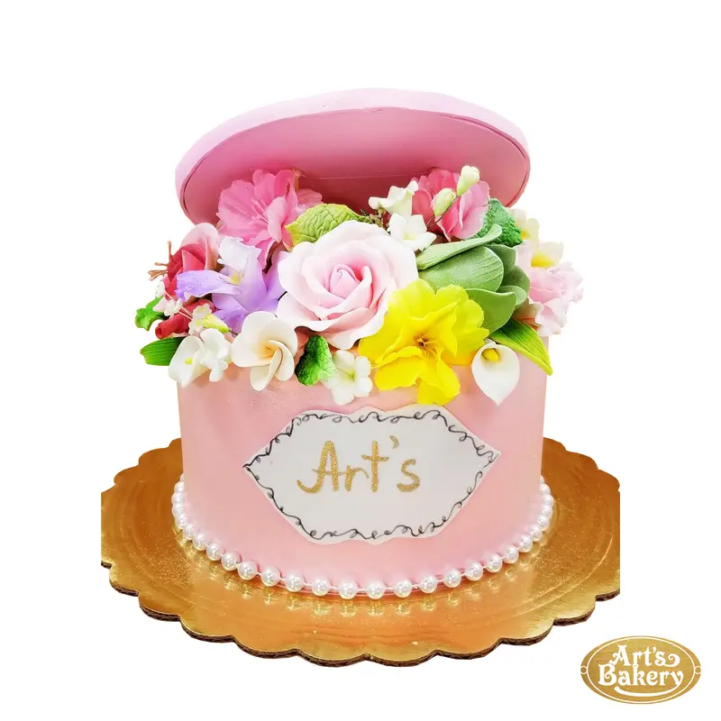 Flower Filled Round Box with a Pearl Lace Cake 172