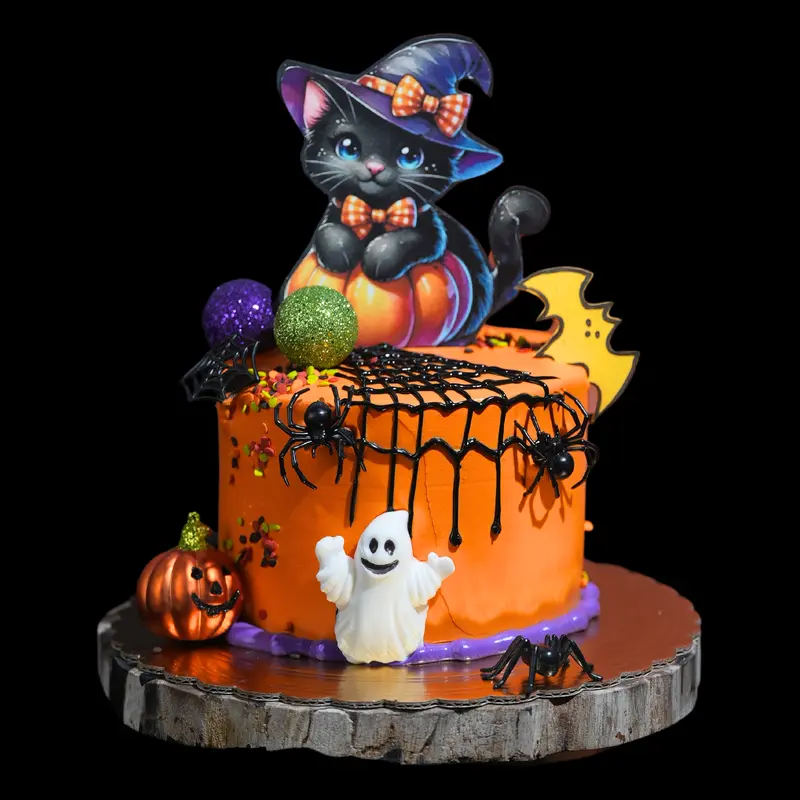2024 Cute Black Kitten Sitting on Pumpkin Cake