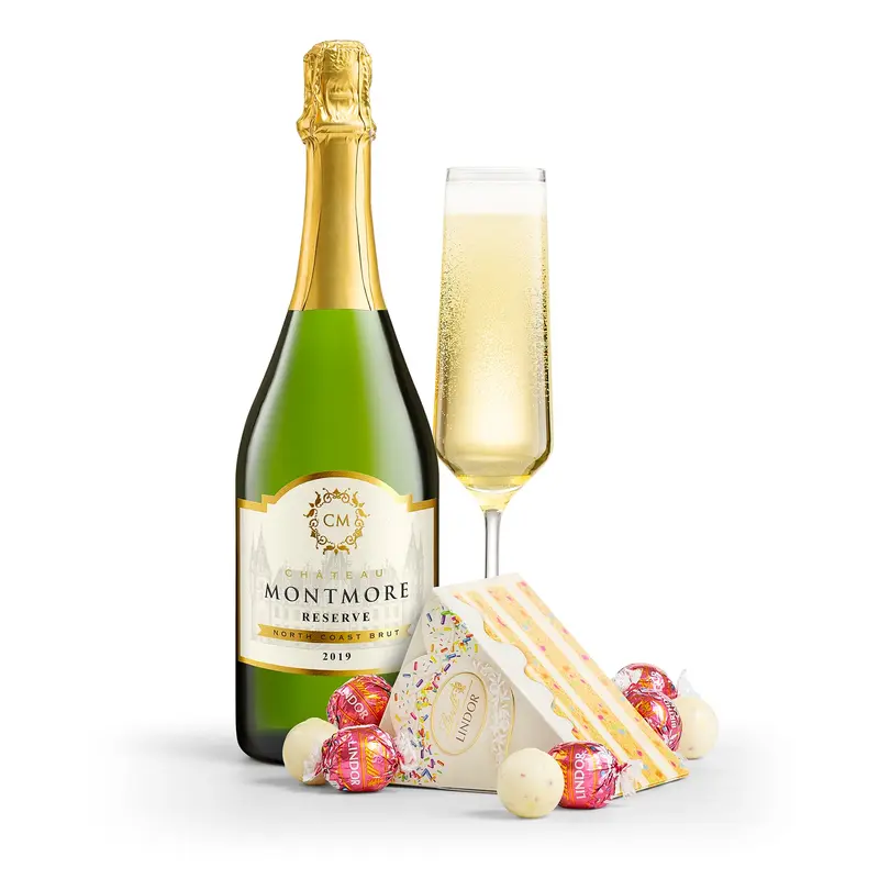 Chateau Montmore Sparkling Blanc De Blanc with Birthday Cake LINDOR Truffles Cake Box