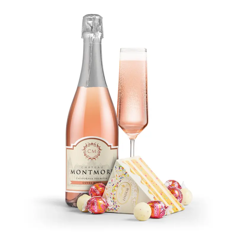 Chateau Montmore Sparkling Cuve Ros with Birthday Cake LINDOR Truffles Cake Box
