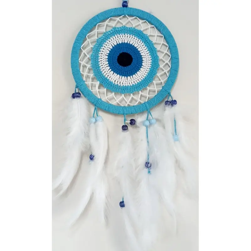 Nazar Bead Motived Turquoise Color Dream Catcher White Bird Furry Dream Wall Ornament