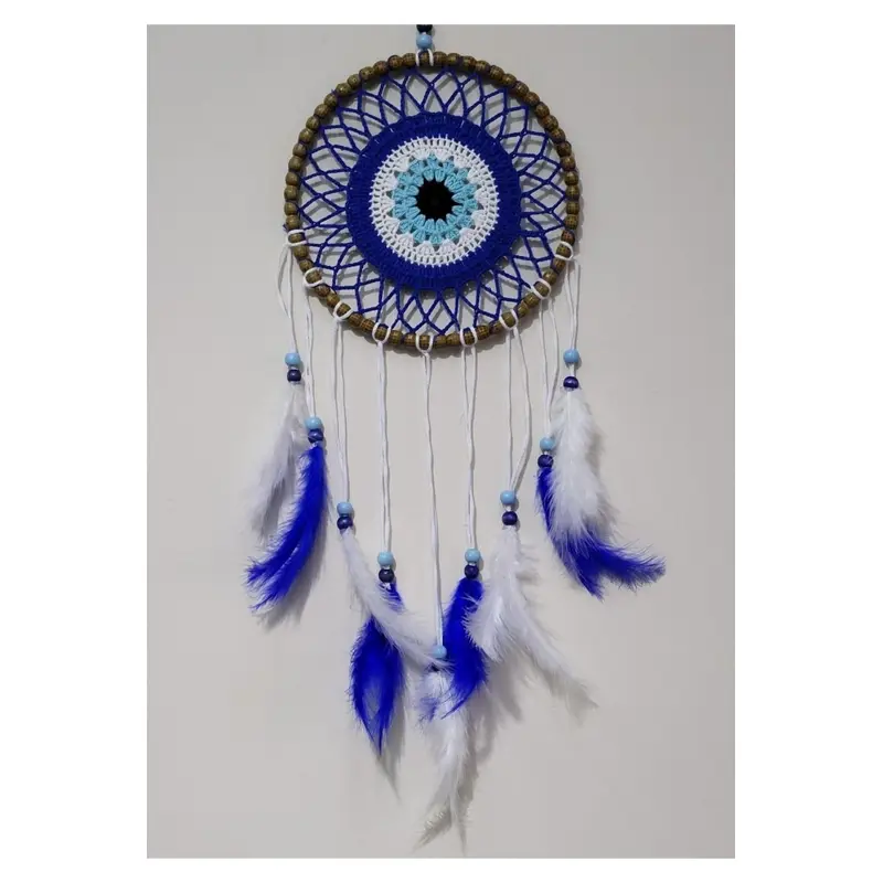 Nazar Bead Patterned Bird Furry Handmade Dream Catcher Wall Ornament