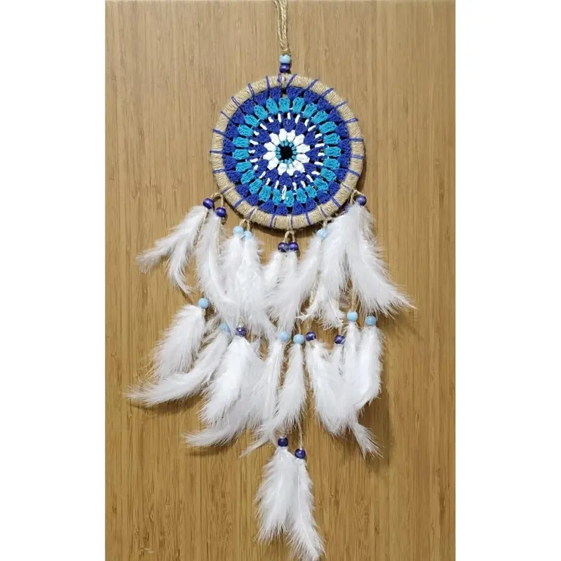 Nazar Bead Patterned Dream Catcher Handmade Bird Feather Dream Catcher Wall Ornament