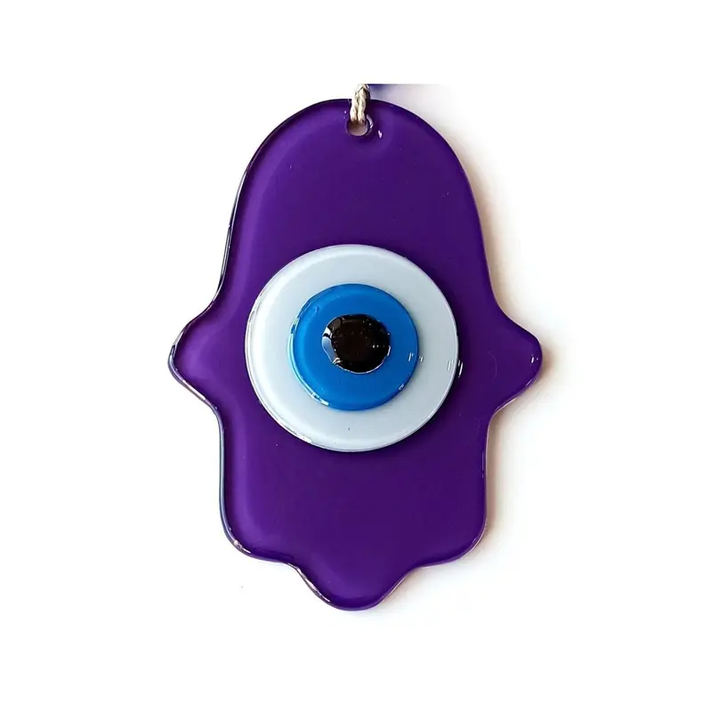 Nazar Beads Purple Color Hand Shape Glass Wall Ornament