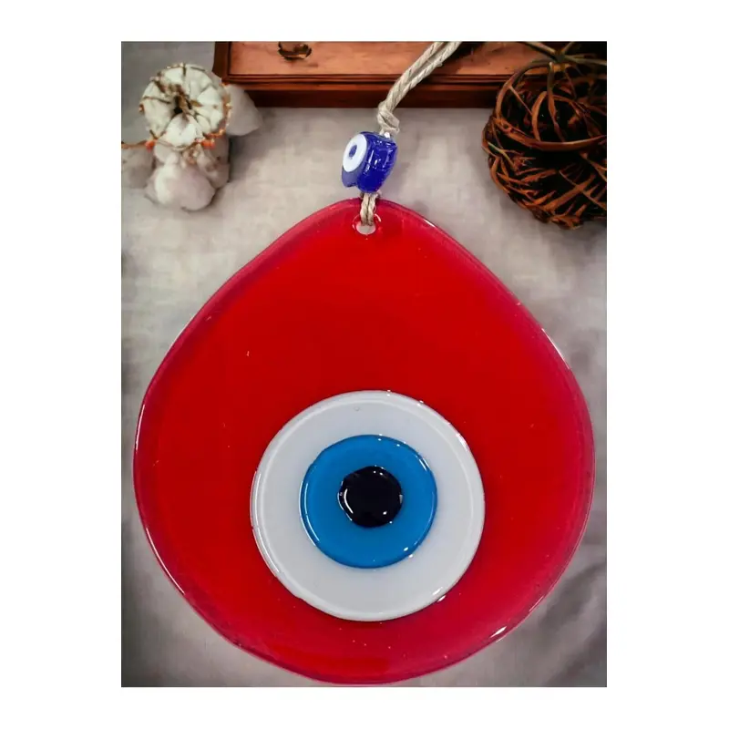 Blue Nazar Beaded Transparent Red Color Drop Pattern Handmade Wall Ornament