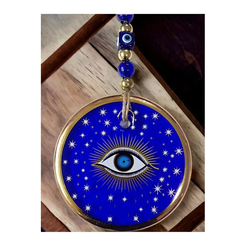Gilded Blue Color Star Motif Eyed Glass Wall Ornament