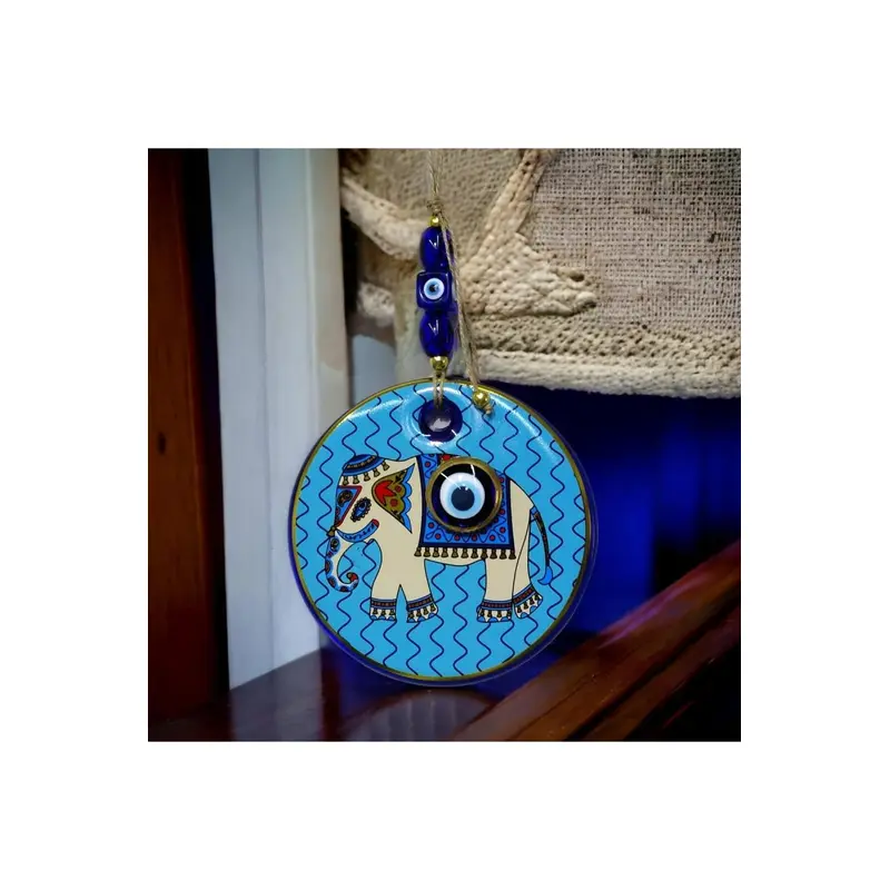 Gilded Elephant Model Blue Nazar Beaded Wall Ornament
