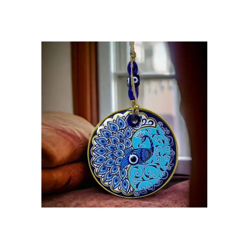 Gilded Nazar Beaded Peacock Glass Wall Ornament