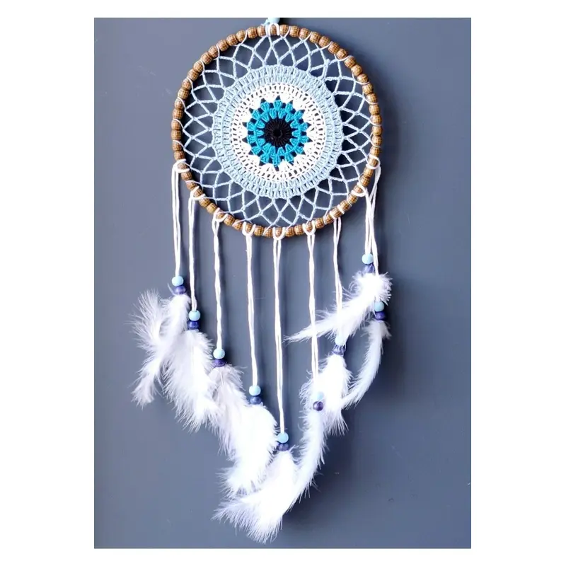 Handmade Ice Blue Dream Catcher Wall Ornament with Nazar Bead Motif