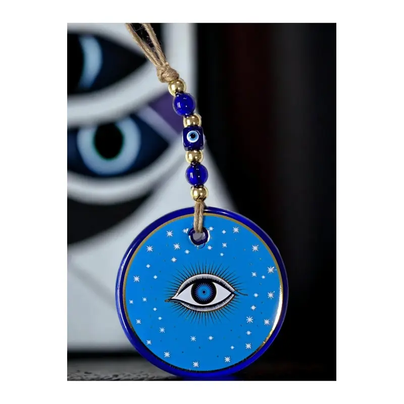 Light Blue Star Embroidered Eye Model Wall Ornament with Nazar Beads