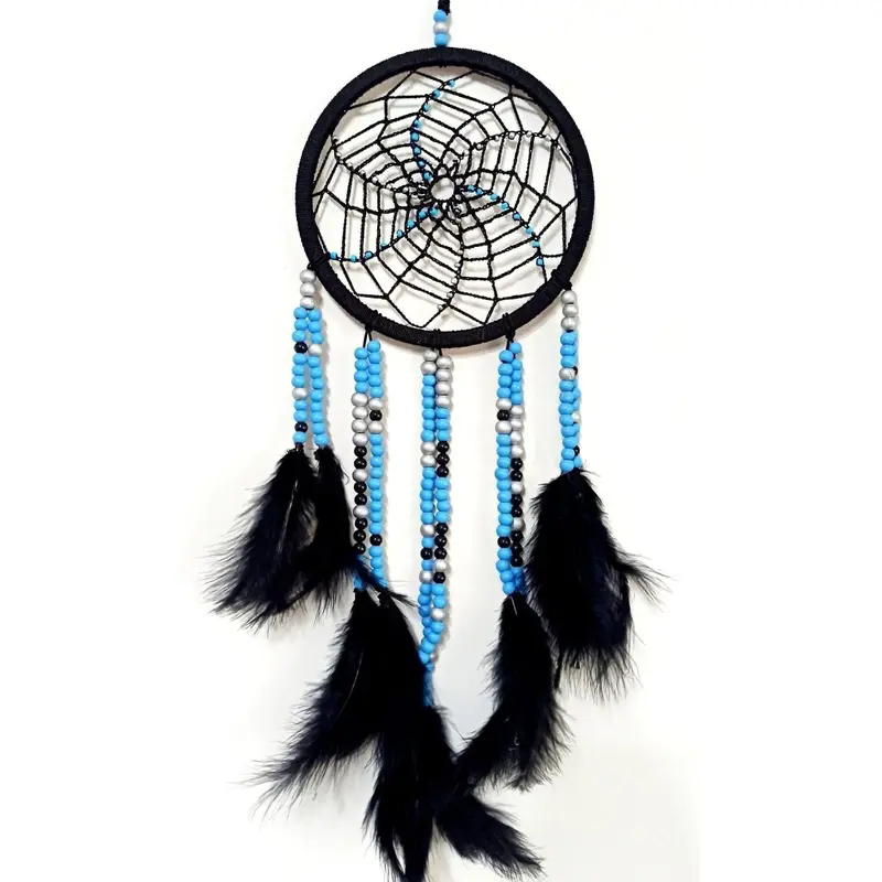 Black and Blue Beaded Bird Furry Black Dream Dream Catcher Wall Ornament