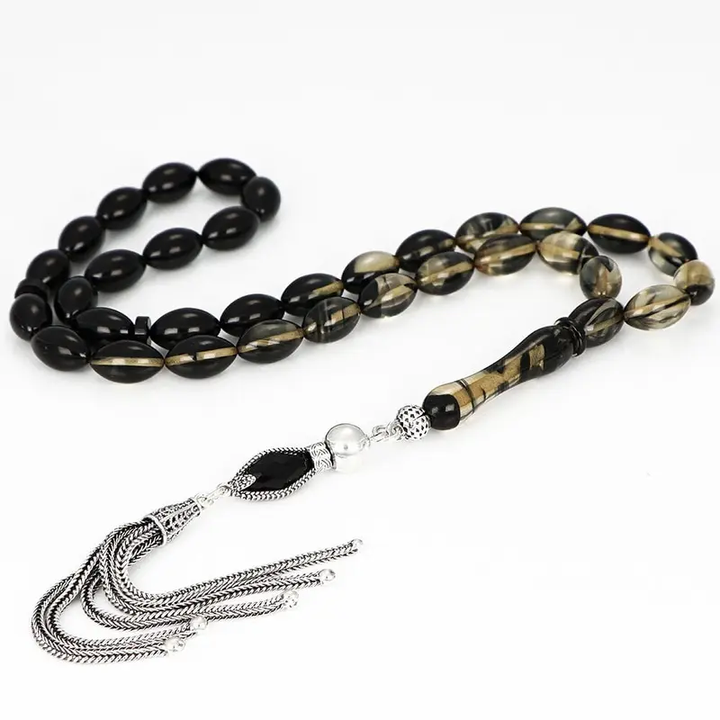 Tesbihevim | Amber Tasbih in Dark Color with Silver Tassel