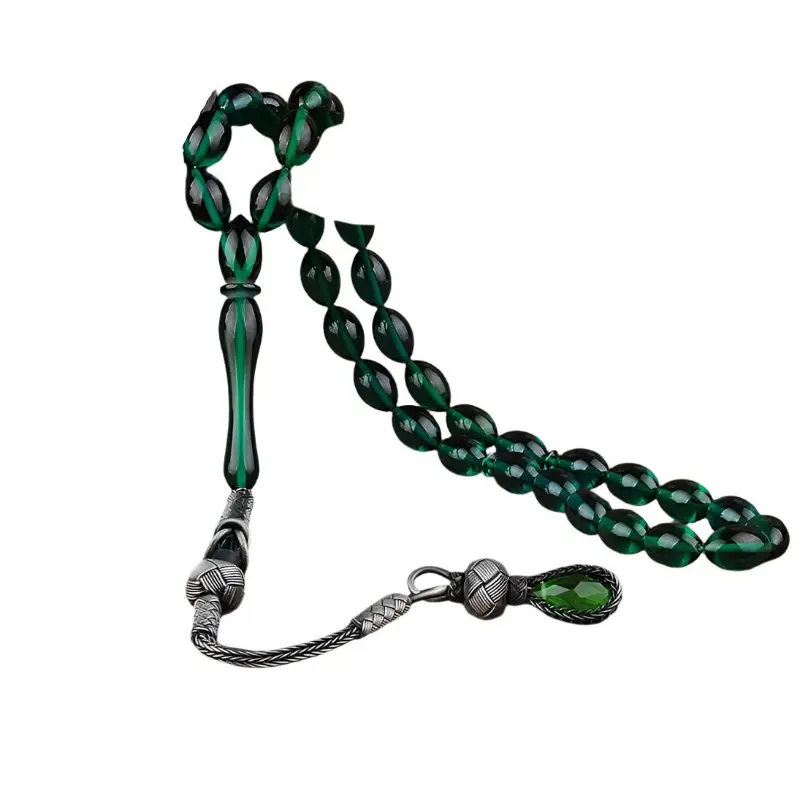 Tesbihevim | Amber Tasbih in Green with Silver Kazaz Tassel