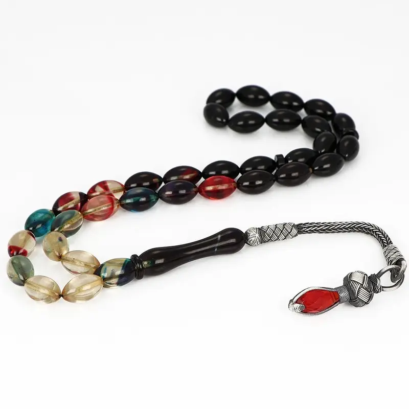 Tesbihevim | Amber Tasbih in Multi Colors with Silver Kazaz Tassel