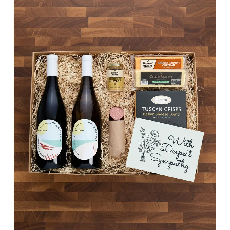 Deepest Sympathy Cheese & Meet Gift Box with Red & White Wine