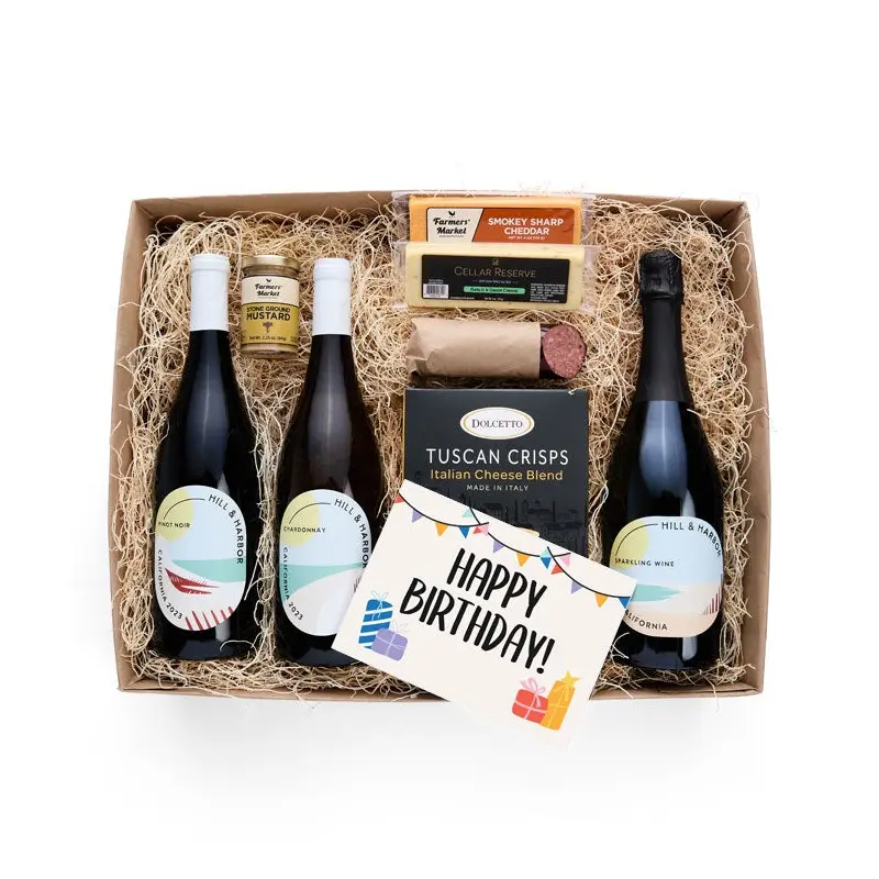 Happy Birthday! Cheese & Meat Box with Red, White and Sparkling Wine