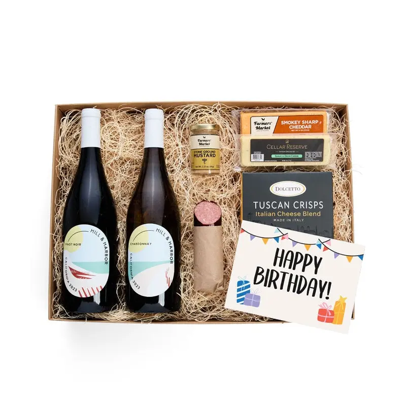 Happy Birthday! Cheese & Meat Box with Red & White Wine